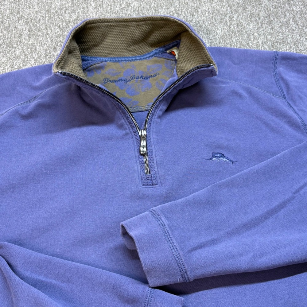 Tommy Bahama Mens L Quarter Zip Pullover Purple 100% Pima Cotton Marlin Logo‎